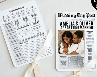 Wedding Newspaper Fan Template, Newspaper Wedding Program Fan, Wedding Newspaper Program Template, Unique Printable Wedding Day Timeline
