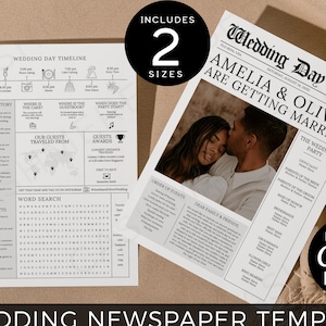 Newspaper Wedding Program Print | Canva Editable Ceremony Infographic Printable, A4 and Letter Size Front and Back Side Templates