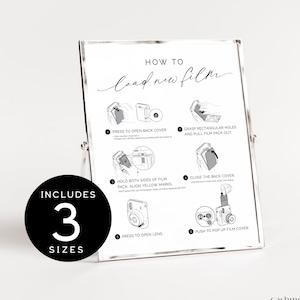 How To Load New Film Camera Instructions Sign | Instax Mini 11 Photo Guestbook Sign | Wedding Reception Photo Signs Templett Editable SPM10