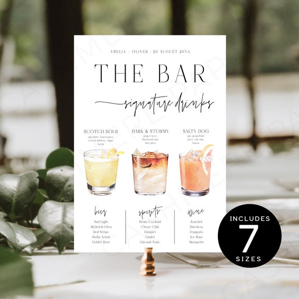 His Hers Ours Cocktail Sign, Modern Wedding Signature Drinks Signs Templett