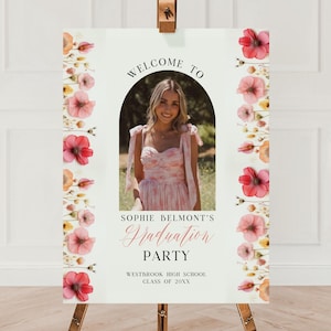Pink Floral Graduation Sign with Photo, Editable Welcome Sign for Grad Party, Hot Pink Orange Wildflowers CANVA Template, Printable Decor