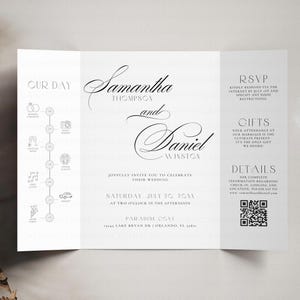 Plantilla de invitación de boda con foto tríptico, invitación desplegable con imágenes de ceremonia modernas y código QR, tarjeta minimalista de eventos con cronología, Canva DIY