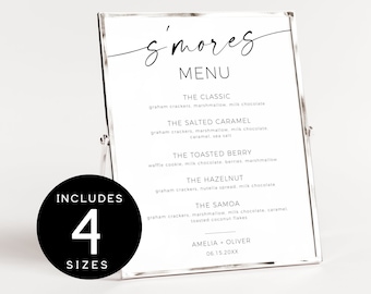 Minimalist S'mores Bar Menu Template, Modern Wedding S'mores Station Sign, Editable Outdoor Party S'more Table Sign, Printable Wedding Decor