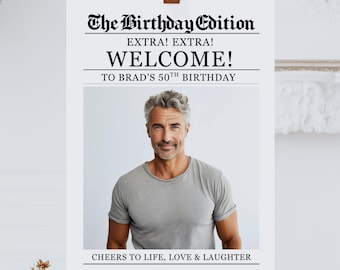 Retro Newspaper Birthday Welcome Sign, Funny Custom Photo Poster, Editable Birthday Newspaper Template Vintage Headline Party Sign Printable