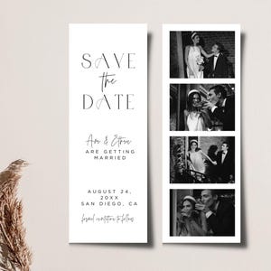 Simple Wedding Save the Date with Photos, CANVA Strip Template, Personalized Announcement Printable, Minimal Photo Strip Save the Date Card