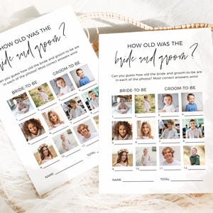 How Old Were They Bride And Groom, Minimalist Photo Baby Guessing Game Card, Editable Couples Bridal Shower Game, Age Guessing Game, CANVA