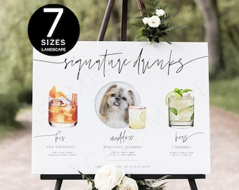 Custom Drink Sign Dogs, Modern Signature Cocktails Signs Template, Editable His and Hers Wedding Specialty Drinks with Dog Signage Landscape