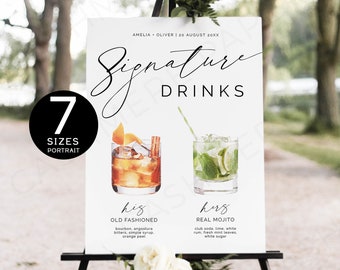 May include: A white sign with black text that reads "Signature Drinks". The sign features two illustrations of cocktails: an Old Fashioned and a Mojito. The text below each illustration lists the ingredients for each drink. The sign is on an easel.