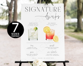 May include: A white sign with black text listing signature drinks for a wedding. The drinks include margaritas, bay breeze, beer, wine, spirits, and non-alcoholic options. The sign also includes the names Amelia and Oliver and the date August 20th.