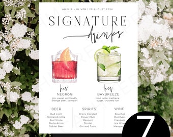 His And Her Signature Cocktails Wedding Bar Sign, Printable Bar Menu, Signature Drink Sign, Minimalist Bar Menu Template, Instant Download