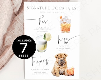 Pet Signature Drink Sign, His and Her Wedding Cocktails, Signature Drink Sign Dog, Custom Wedding Bar Menu Template, Canva Drink Template