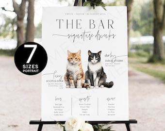 Signature Drink Sign with Cat, Pet Signature Drinks Template for Wedding Custom CATS Sign, His and Hers Modern Cocktail Menu Sign Templett