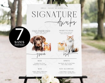 Custom Pet Signature Drink Sign, Editable Wedding Cocktails Bar Menu Templates with Dog and Cat Signage with Free Elements Templett Download