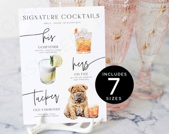 Pet Signature Drink Template for Wedding, His and Hers Modern Minimalist Drinks Sign with Dog, Custom Bar Menu Editable Pet Cocktails, SPM09