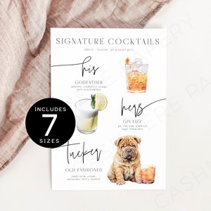 Wedding Drinks Menu Dogs, Signature Drink Sign After Pet, His and Hers Modern Minimalist Cocktail Signs with Dog Template, Editable Templett