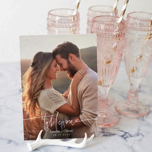 Personalized Table Numbers with Photos Template, Modern Wedding Editable Table Signage Photo, Picture Table Card Printable Templett Download