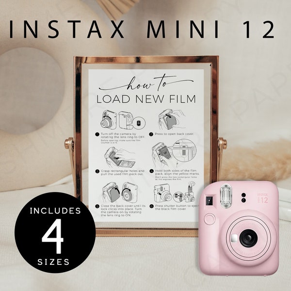 Printable Instax Mini 12 Polaroid Camera, How to Load New Film Instructions Sign, Editable Templett Wedding Photo Signage Download, SPM08