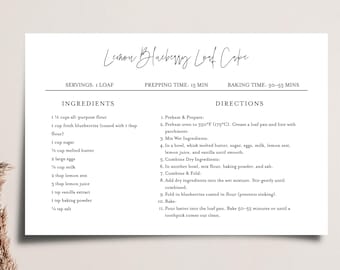 Minimalist Recipe Card Template, Cooking Recipe Card, Printable CANVA Design, Simple Recipe Card, Modern Recipe Card, Instant Download