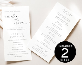 May include: Two white cards with black text. The first card is a wedding ceremony program with the names Amelia and Oliver. The second card is a wedding party list with the text "Wedding Party".