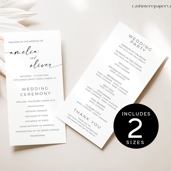 Wedding Program Templates | Modern Calligraphy Wedding Ceremony Program |  Elegant Wedding Ceremony Program | Printable |  Editable