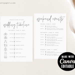 Carte d'événements week-end de mariage | Modèle de guide de commande d'itinéraire minimaliste | Calendrier de l'événement modifiable Canva en téléchargement numérique