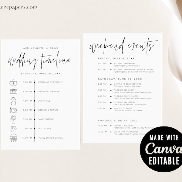 Wedding Weekend Events Card | Minimalist Itinerary Order of Service Guide Template | Canva Editable Event Timeline Schedule Digital Download