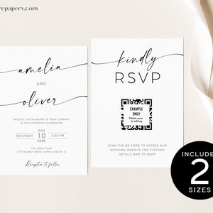 Wedding Invitation RSVP QR Code | Minimalist Wedding Invitation Set Double Sided Template | Minimalist Editable QR Invites Templett | SPM08