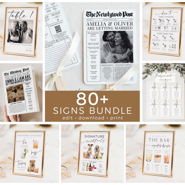 Minimalistic Wedding Sign Bundle, Modern Signs Package 80+ Reception Signage Templates, Custom Templett Canva Printable Instant Download