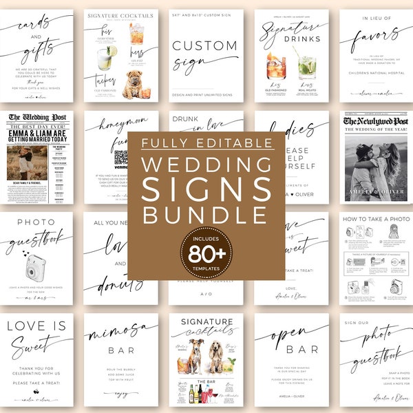 Modern Minimalist Wedding Signs Bundle, 80+ Reception Table Signs Set, Welcome, Drinks, Newspaper Editable Templates, DIY Printable Download