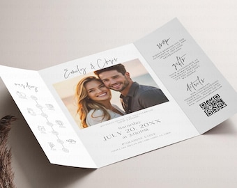 Modern Gatefold Invitation Template, Minimalist Wedding Trifold Custom Photos Invitation Printable, Ceremony Invite w/ QR Code Canva Digital