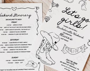 Lets Go Girls Bachelorette Party Itinerary Template, Nashville Bachelorette Invitation, Disco Cowgirl, Last Rodeo Bachelorette, Nash Bash