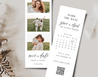 Photo Strip Save the Date Template with QR code and Calendar, Photo Booth Save Our Date Card, Minimalist Save Our Date Invite, CANVA