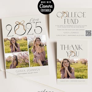 Class of 2025 Graduation Invitation Bundle Template, Graduation Thank You Cards, College Fund QR Code Card, Instant Digital Download, CANVA