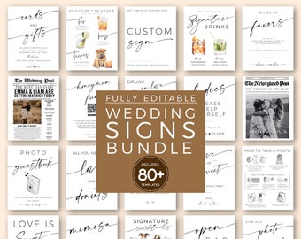 Modern Minimalist Wedding Signs Bundle, 80+ Reception Table Signs Set, Welcome, Drinks, Newspaper Editable Templates, DIY Printable Download