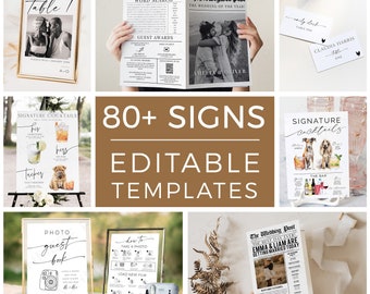 Modern Minimalist Wedding Sign Package, 80+ Reception Table Signs Bundle, Custom Photo Welcome and Newspaper Program Templates Printables