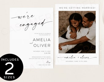 May include: Two-piece engagement announcement set. The left card reads "we're engaged" with the names Amelia and Oliver. The right card features a photo of a couple and the text "We're getting married!" Includes two sizes.