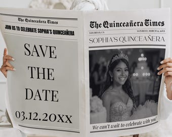 Printable Newspaper 15th Birthday Announcement, Quinceañera Invitations, Editable Invitation for Quinceañera Photoshoot Quince Save the Date