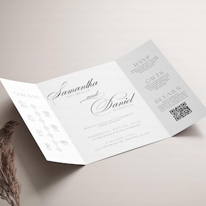May include: A tri-fold wedding invitation with a white background and black text. The invitation features the names "Samantha" and "Daniel" in a cursive font. The invitation also includes details about the wedding, such as the date, time, and location. The back of the invitation includes information about RSVP, gifts, and details.