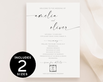 Op de afbeelding: Huwelijksceremonieprogramma met een zwart-wit ontwerp. Het programma bevat de namen Amelia en Oliver, de datum en locatie van de ceremonie, en een lijst met de ceremonie-evenementen. Een QR-code is inbegrepen die gasten kunnen scannen voor meer details.