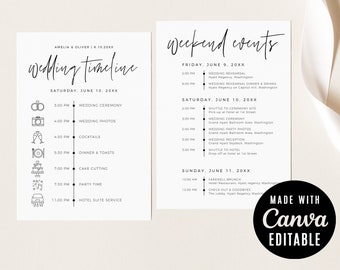 Wedding Weekend Events Card | Minimalist Itinerary Order of Service Guide Template | Canva Editable Event Timeline Schedule Digital Download