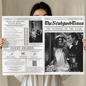 May include: A black and white newspaper-style wedding announcement titled "The Newlywed Times". The front page features a photo of a couple toasting. The left side includes a "Bride or Groom? Guess Who!" section and guest awards.