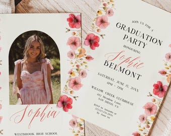 Personalized Graduation Invitation with Photo, Editable Floral Grad Invite 2026, Printable College Graduation Party Template, CANVA