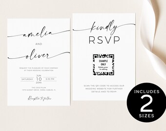 Wedding Invitation RSVP QR Code | Minimalist Wedding Invitation Set Double Sided Template | Minimalist Editable QR Invites Templett | SPM08