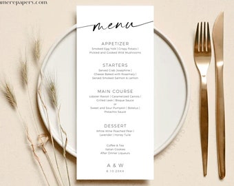 May include: A white menu card with a black handwritten "menu" title. The menu lists appetizers, starters, main course, dessert, and coffee and tea. The bottom of the card has the text "A & W 6.10.20xx".