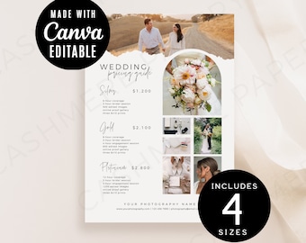 Peut inclure: Un guide de prix pour la photographie de mariage blanc avec un design d'arche florale. Le guide comprend trois forfaits : Argent, Or et Platine. Chaque forfait comprend une durée de couverture, des tirages et un accès à la galerie en ligne différents. Le guide comprend également une photo d'un couple dans un champ et un bouquet de fleurs.