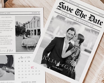 Newspaper Style Save The Date, Personalized Wedding Announcement Template, Vintage Save The Date Invite, Printable Wedding Card, CANVA