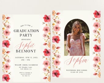 Graduation Invitation Template with Photo, 2026 Graduation Invite, Floral College Graduation Invitation, Editable Flower Party Invite, CANVA