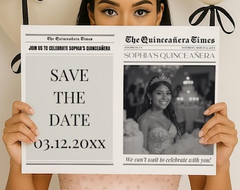 Quinceañera Save The Date Newspaper, Sweet 15 Editable Invite, Custom Quinceañera Newspaper Birthday Template, Quince Photoshoot, CANVA