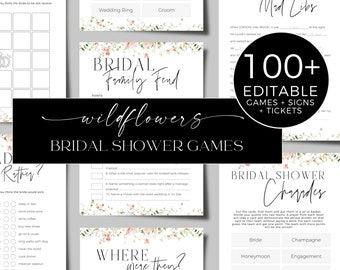 Printable Wildflower Bridal Shower Invitations Bundle Games, Editable Minimalist Bridal Games Hen Party Pack, CANVA
