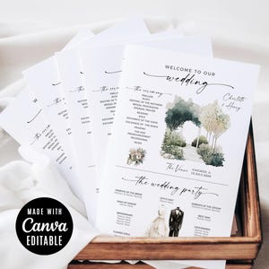 Programma di nozze con ventaglio assemblato, cronologia degli eventi, infografica moderna e minimalista per la cerimonia, download digitale di ventagli fai da te Canva per gli ospiti
